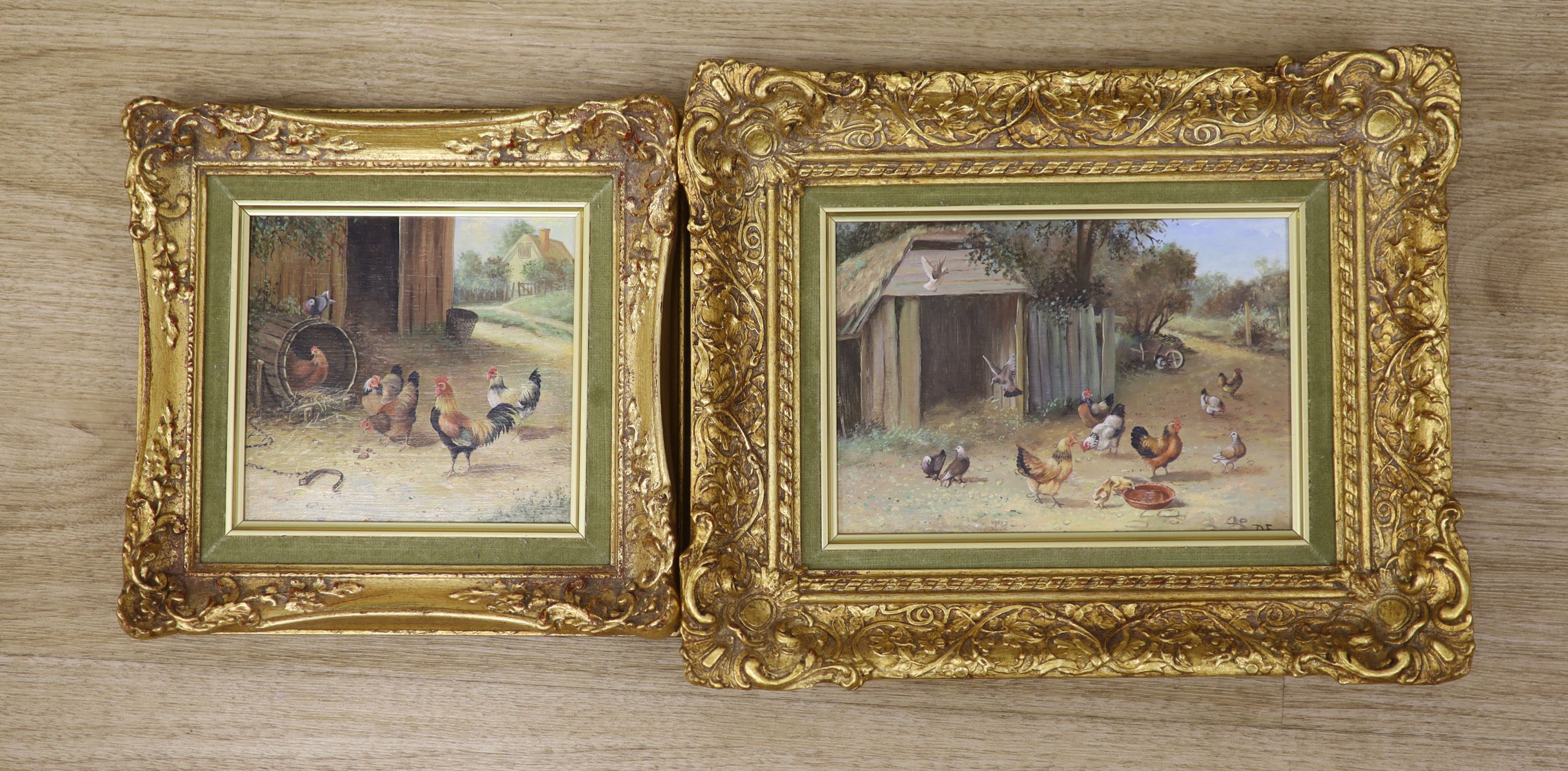 D.E., two oils on panel, Chickens in farmyards, 13 x 14cm and 13 x 19cm